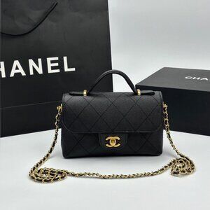 CHANEL Black Quilted Leather Top-Handle Shoulder Bag with Gold Chain